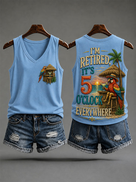 Women's I'm Retired It's 5 O'clock Everywhere Parrot Print Casual V-Neck Vest