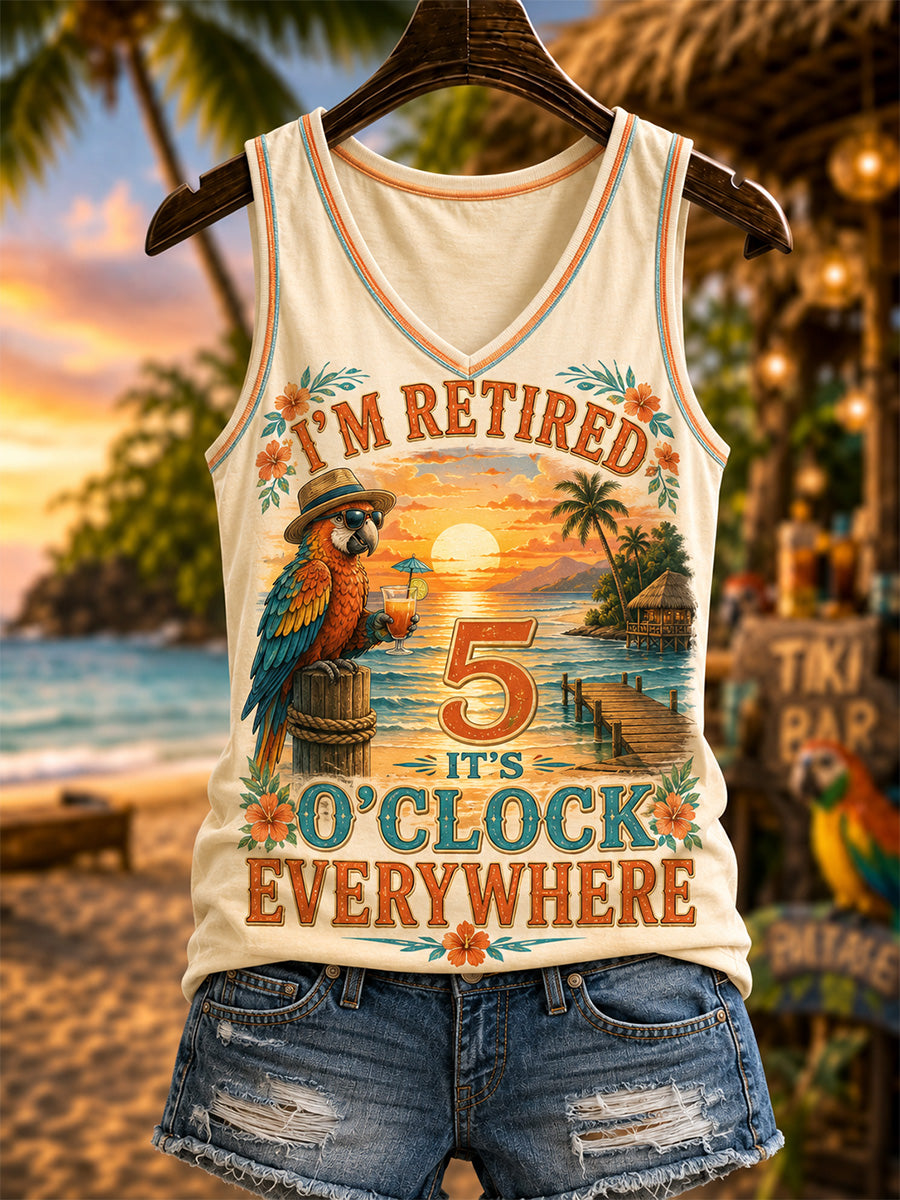 Women's I'm Retired It's 5 O'clock Everywhere Parrot Print Casual V-Neck Vest