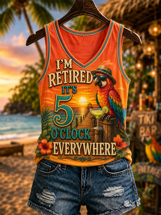 Women's I'm Retired It's 5 O'clock Everywhere Parrot Print Casual V-Neck Vest