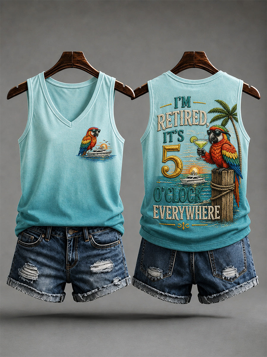 Women's I'm Retired It's 5 O'clock Everywhere Parrot Print Casual V-Neck Vest