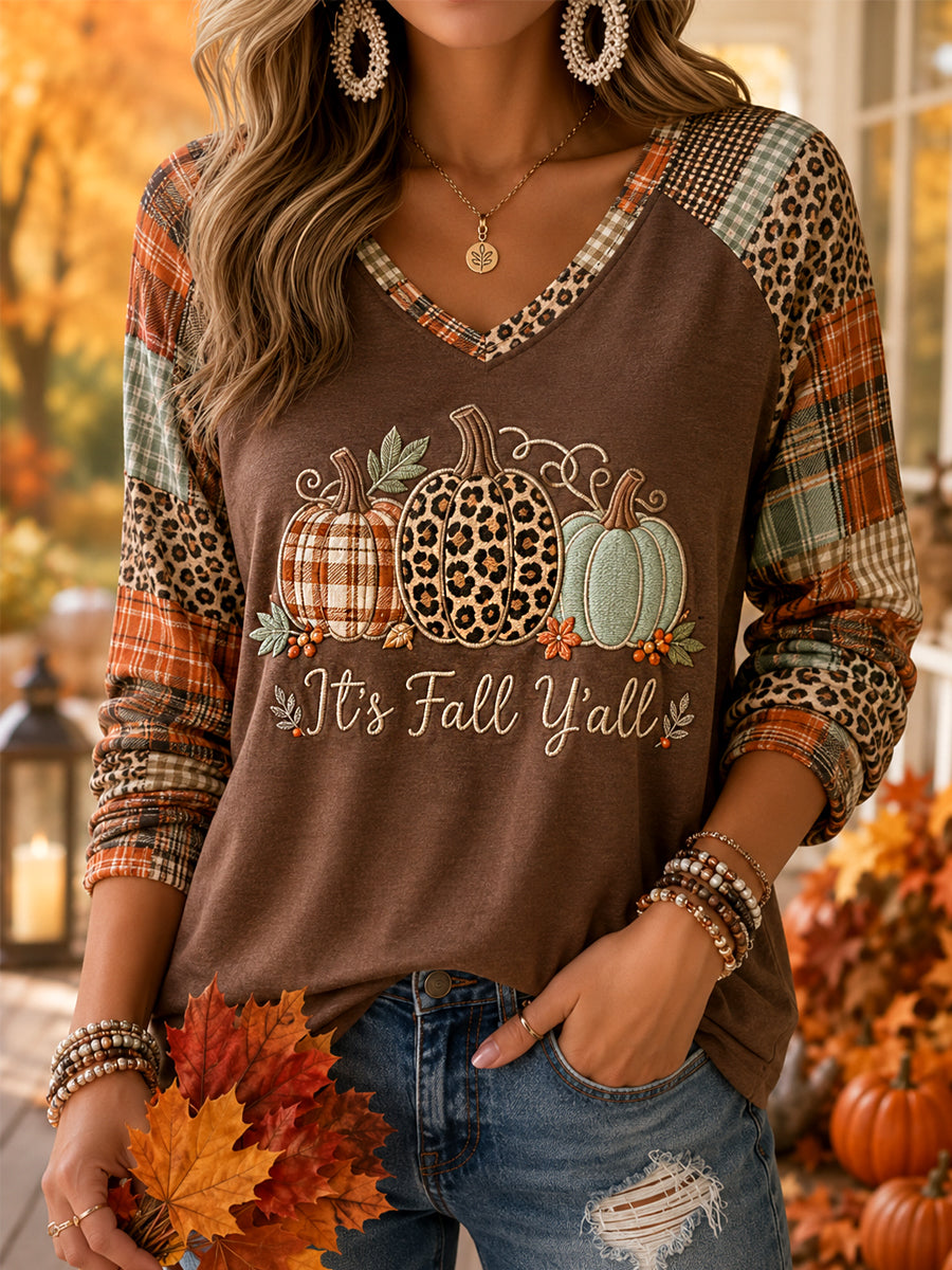 Women's It's Fall Y‘all Plaid Pumpkins Print Casual Long-Sleeve V-Neck T-Shirt
