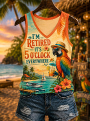 Women's I'm Retired It's 5 O'clock Everywhere Parrot Print Casual V-Neck Vest