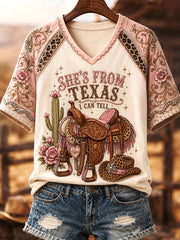 Women's She's From Texas I Can Tell Print Casual V-Neck Tee