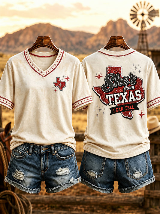 Women's She's From Texas I Can Tell Print Casual V-Neck Tee