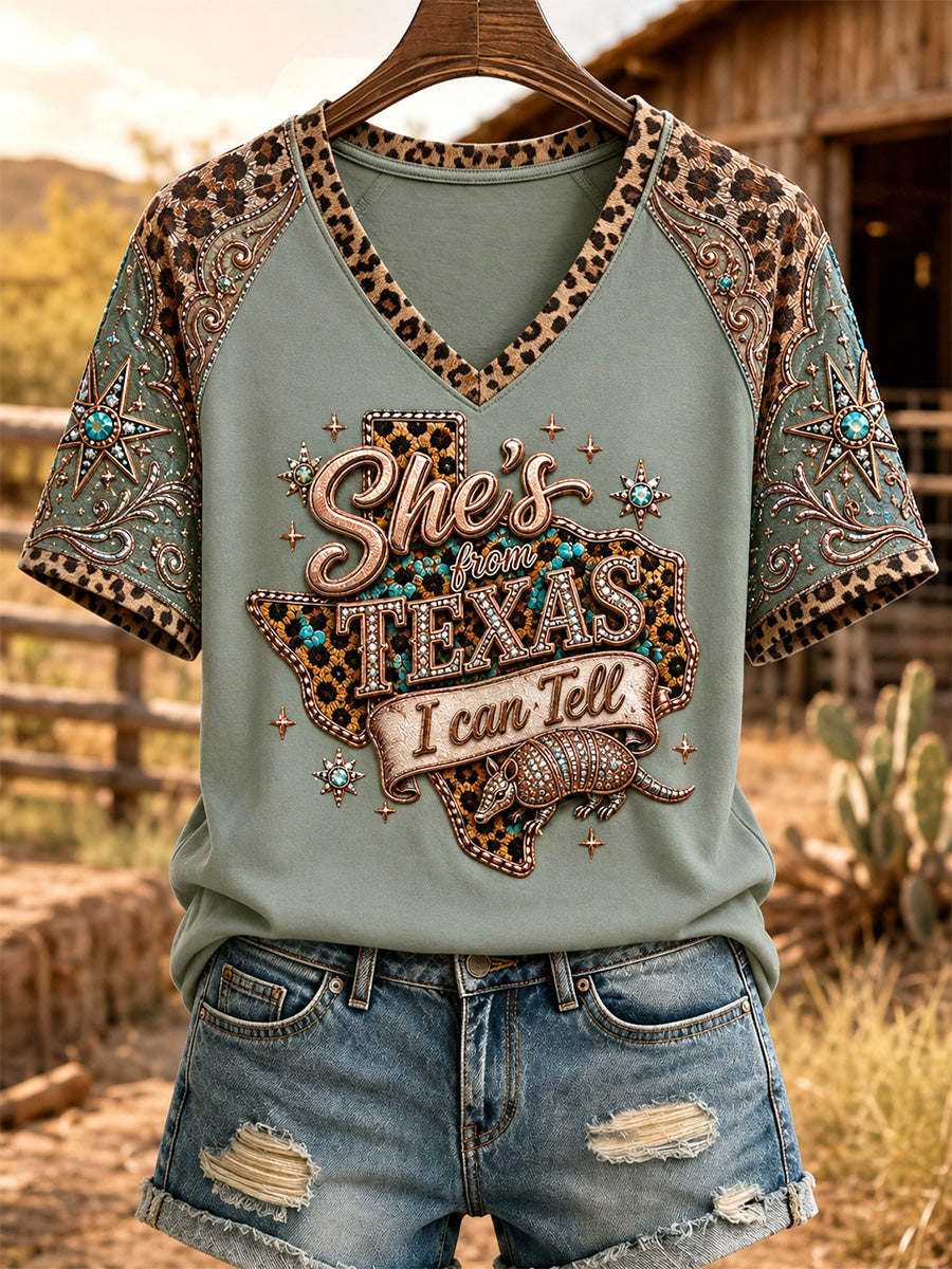 Women's She's From Texas I Can Tell Print Casual V-Neck Tee