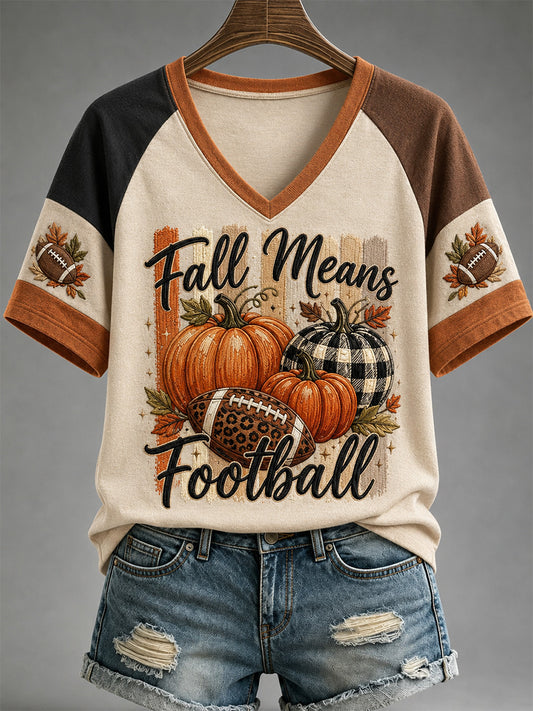 Women's Fall Means Football Print Casual V-Neck Tee