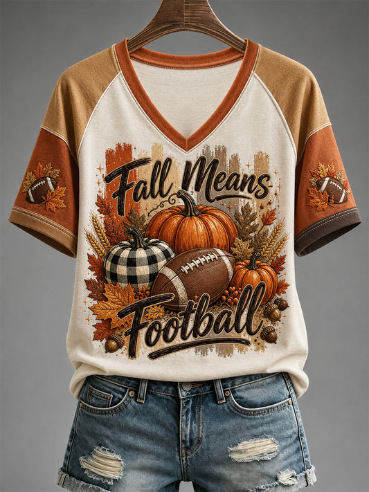 Women's Fall Means Football Print Casual V-Neck Tee