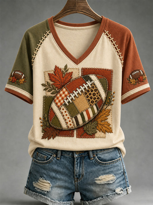 Women's Fall Means Football Print Casual V-Neck Tee