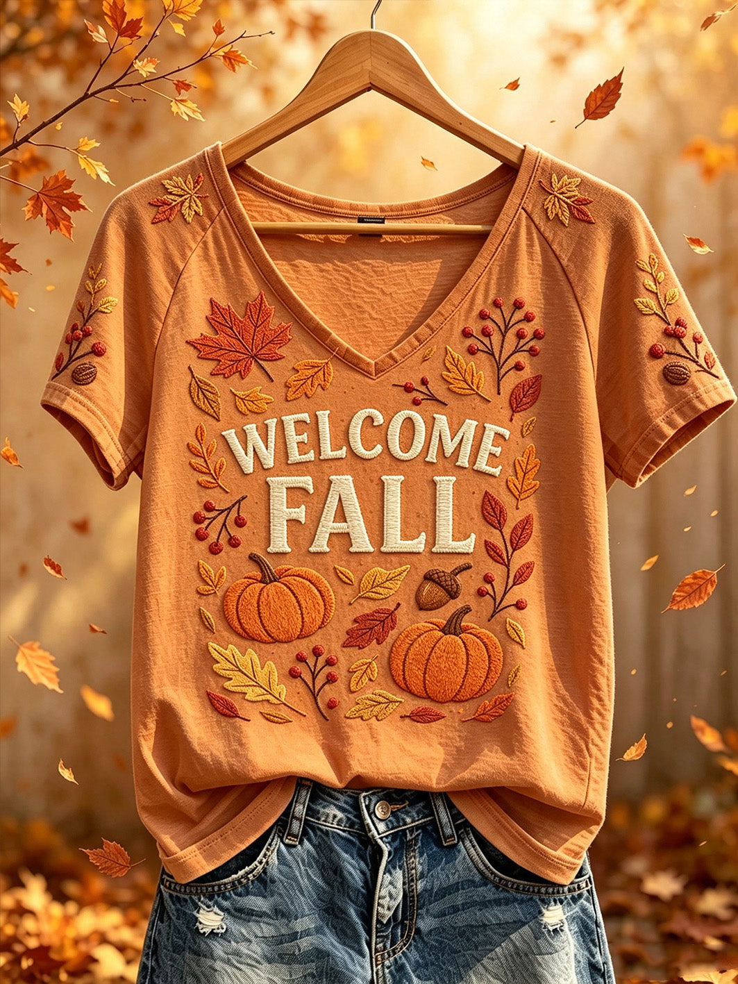 Women's autumn theme pattern printed casual short-sleeve T-shirt