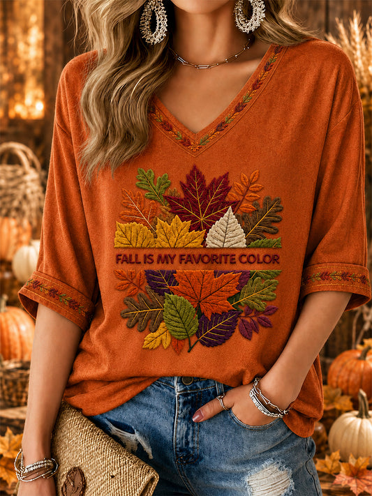 Women's Fall Is My Favorite Color Mid-length Sleeves V-Neck T-Shirt