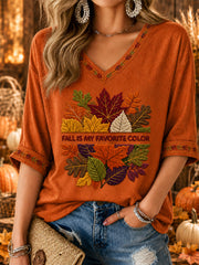Women's Fall Is My Favorite Color Mid-length Sleeves V-Neck T-Shirt