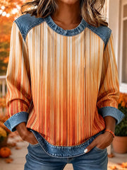 Women's Autumn Striped Print Denim-Panel Top