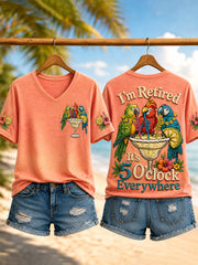 Women's I'm Retired It's 5 O'clock Everywhere Parrots Print Casual V-Neck Tee