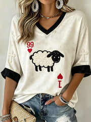 Women's He Left The 99 Playing Card Inspired Faith Print Mid-length Sleeves V-Neck T-Shirt