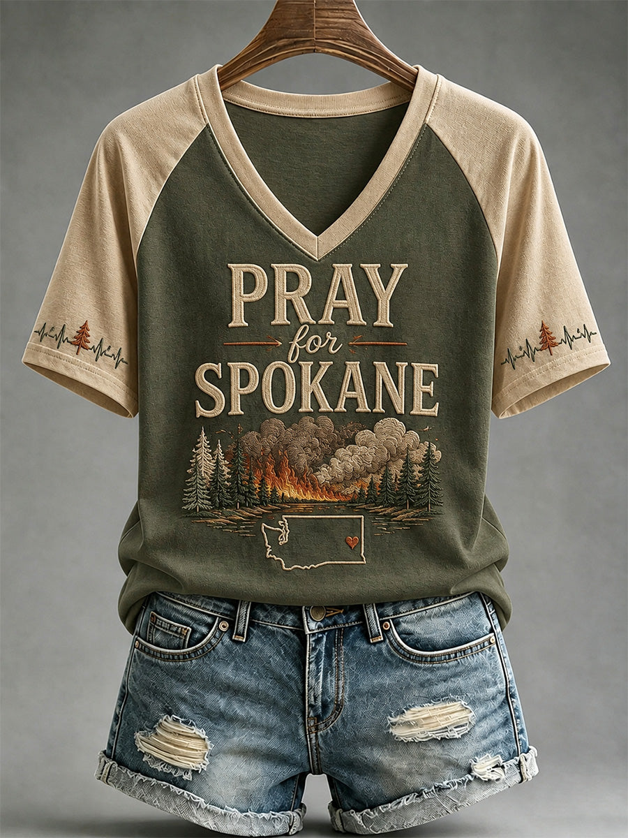 Women's Pray For Spokane Complex Fire Print Casual V-Neck Tee