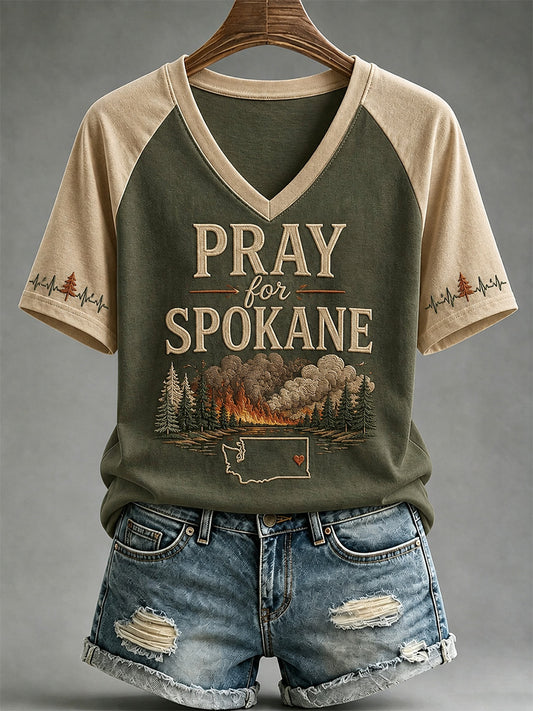 Women's Pray For Spokane Complex Fire Print Casual V-Neck Tee
