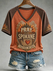 Women's Pray For Spokane Complex Fire Print Casual V-Neck Tee