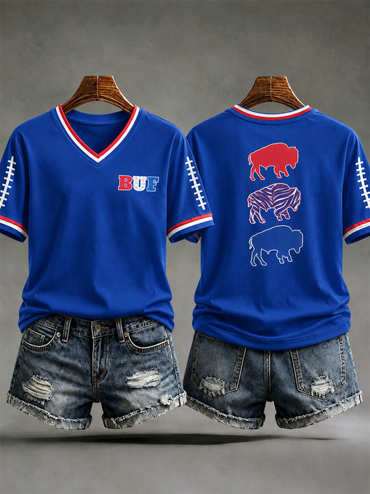 Women's Football Lover Buffalo Print V-Neck Tee