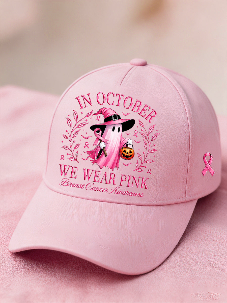 Unisex In October We Wear Pink Halloween Pink Ghost Print Breast Cancer Awareness Support Hat