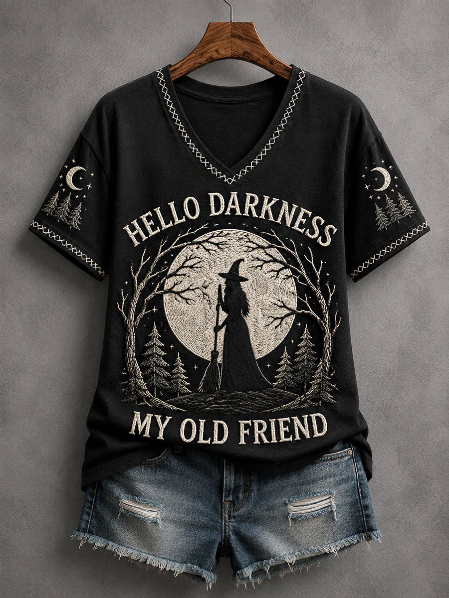 Women's Funny Halloween Hello Darkness My Old Friend Witch Print Casual V-Neck Tee