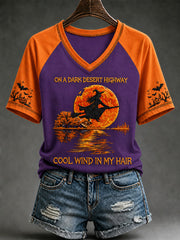 Women's Halloween Witch Pumpkin Bat V-neck Short Sleeve T-shirt