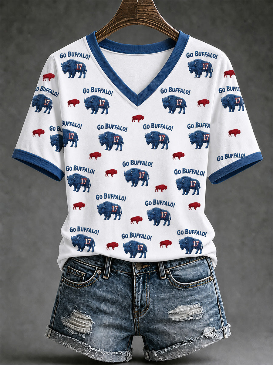 Women's Football Lover Buffalo Print V-Neck Tee