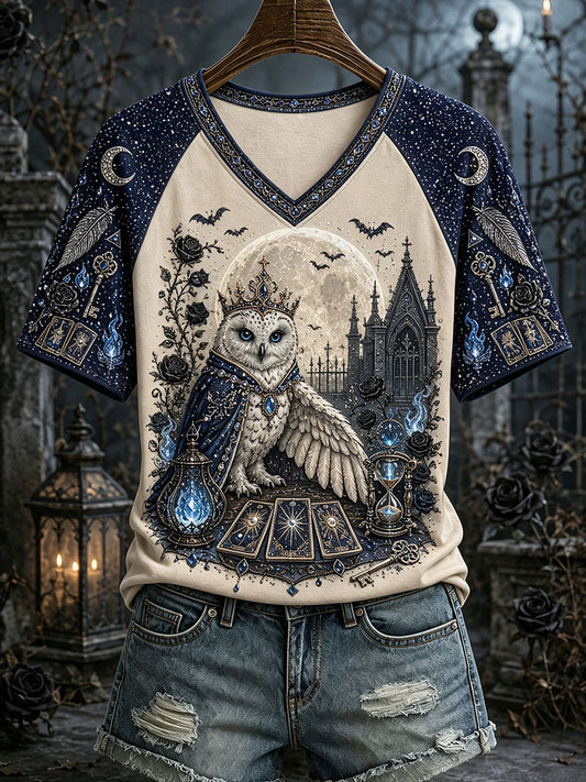 Women's Halloween Owl Print V-Neck T-Shirts