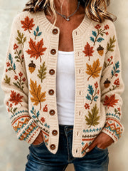 Women's Casual Contrasting Plaid Pumpkin Printed Knitted Cardigan Top