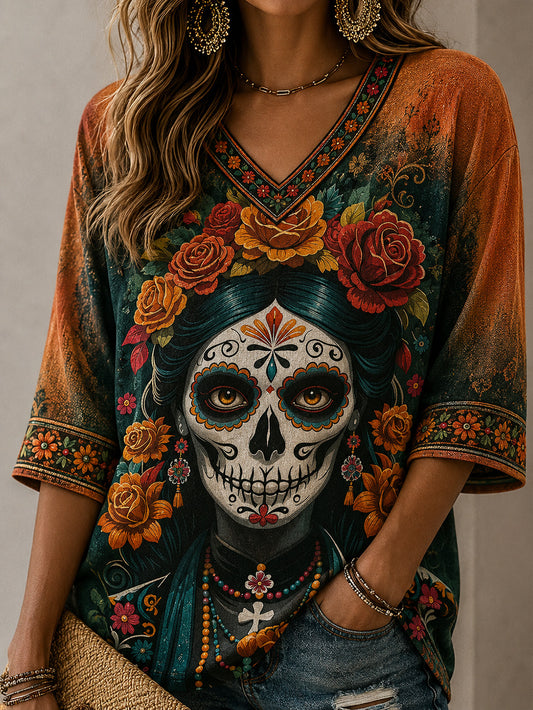 Women's Day Of the Dead Style Elements Pattern Print Casual Mid-length Sleeves V-Neck T-Shirt