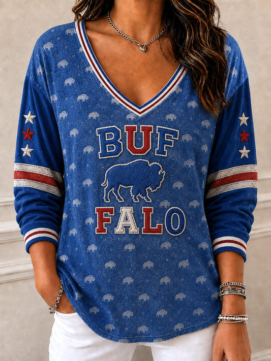 Women's Football Lover Buffalo Print Casual V-Neck Top