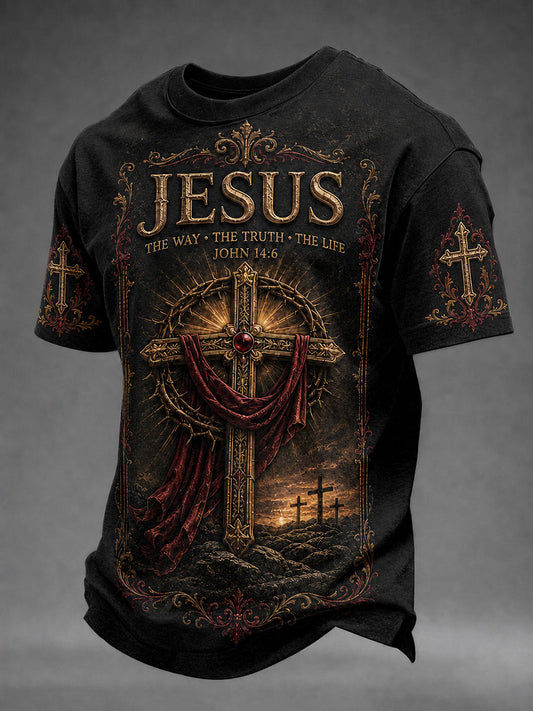Men's Jesus The Way The Truth The Life Faith Cross Print Casual Short-Sleeve T-Shirt