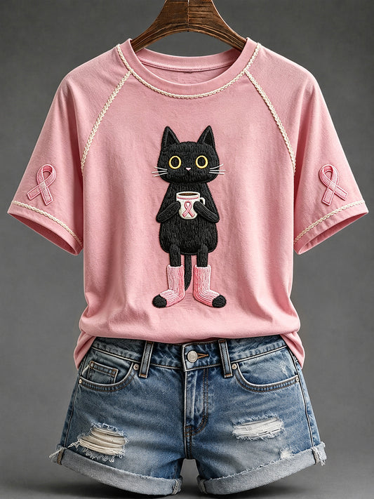 Women's Black Cat & Pink Ribbon Print Short Sleeve T-shirt