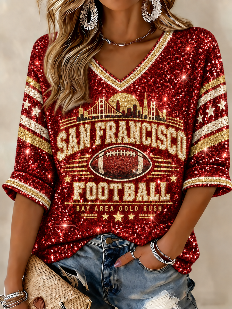 Women's Football Gameday Gift For Football Fans Mid-length Sleeves V-Neck T-Shirt