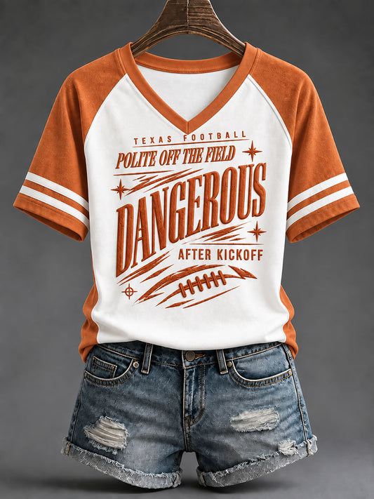 Women's "Polite Off the Field Dangerous After Kickoff" Football Game Day Casual T-Shirt