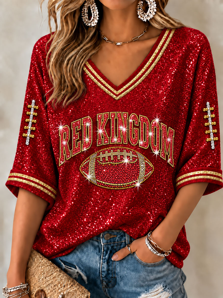 Women's Red Kingdom Mid-length Sleeves V-Neck T-Shirt