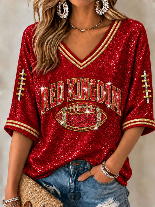 Women's Red Kingdom Mid-length Sleeves V-Neck T-Shirt