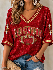 Women's Red Kingdom Mid-length Sleeves V-Neck T-Shirt
