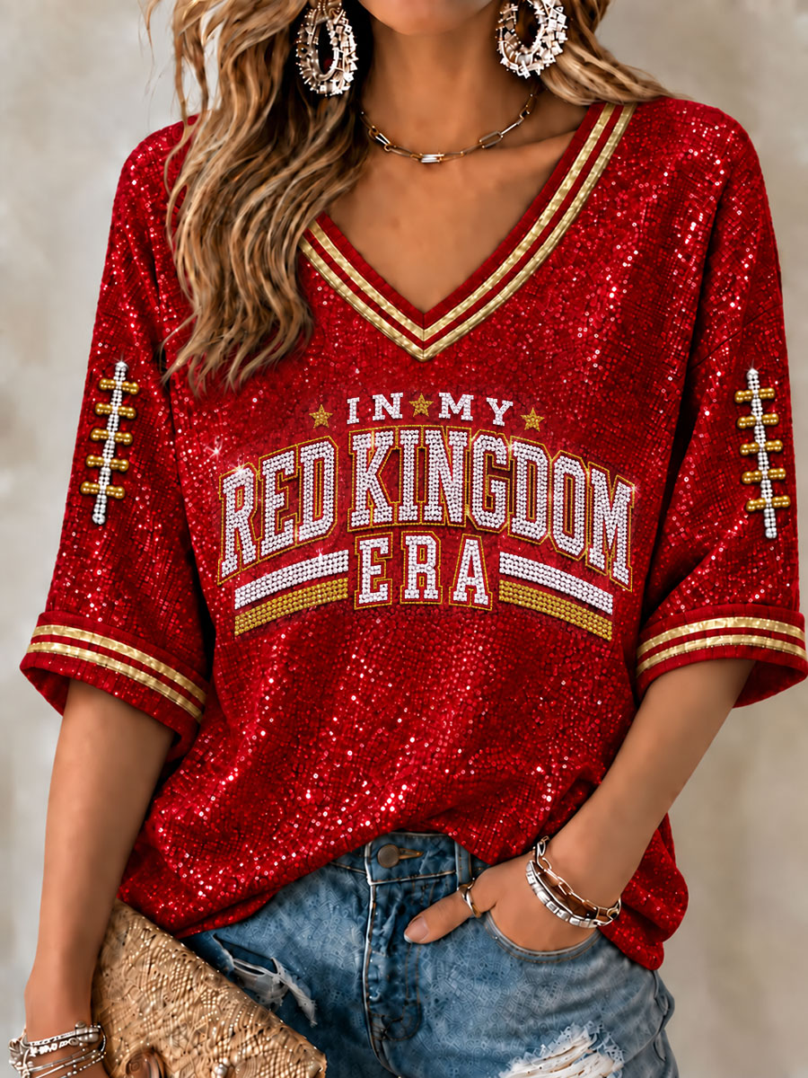 Women's Red Kingdom Mid-length Sleeves V-Neck T-Shirt
