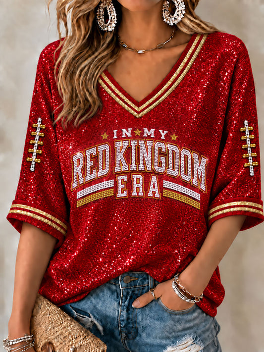 Women's Red Kingdom Mid-length Sleeves V-Neck T-Shirt