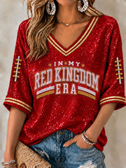 Women's Red Kingdom Mid-length Sleeves V-Neck T-Shirt