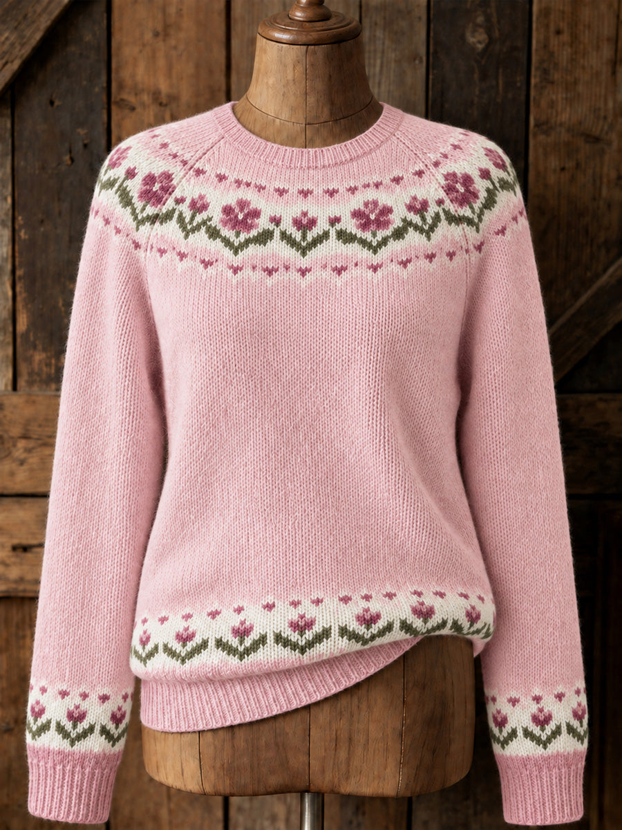 Women's Vintage Pink Floral Yoke Isle Print Cozy Sweater