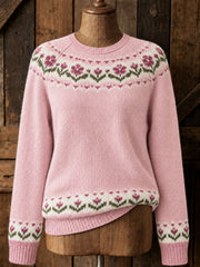 Women's Vintage Pink Floral Yoke Isle Print Cozy Sweater
