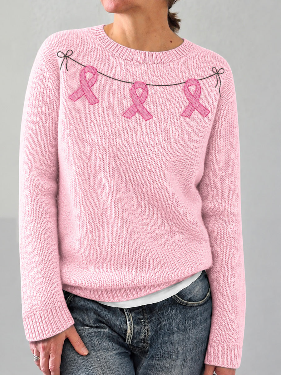 Women's Elegant Pink Ribbon Print Cozy Sweater