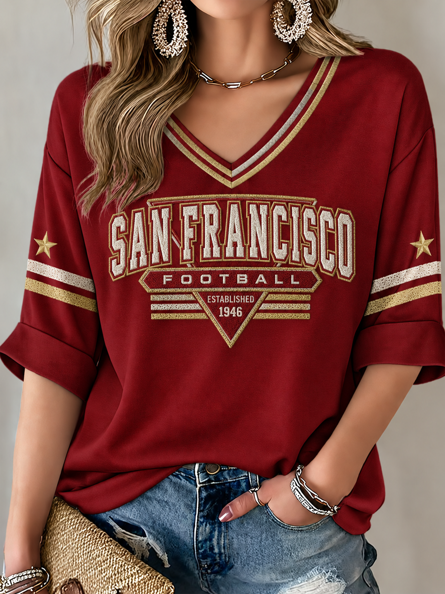 Women's San Francisco Football Lover Printed Mid-length Sleeves V-Neck T-Shirt