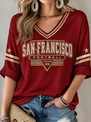 Women's San Francisco Football Lover Printed Mid-length Sleeves V-Neck T-Shirt