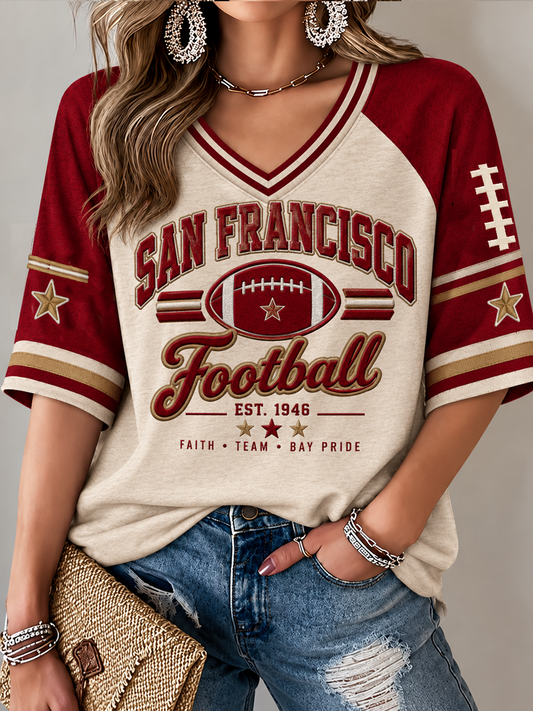 Women's San Francisco Football Lover Printed Mid-length Sleeves V-Neck T-Shirt