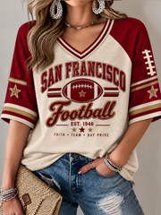 Women's San Francisco Football Lover Printed Mid-length Sleeves V-Neck T-Shirt