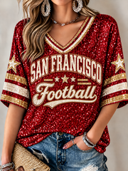 Women's San Francisco Football Lover Printed Mid-length Sleeves V-Neck T-Shirt