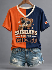 Women's Chicago Football Lover Bear Art Printed T-shirt