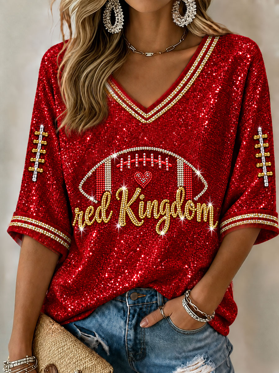 Women's Red Kingdom Mid-length Sleeves V-Neck T-Shirt